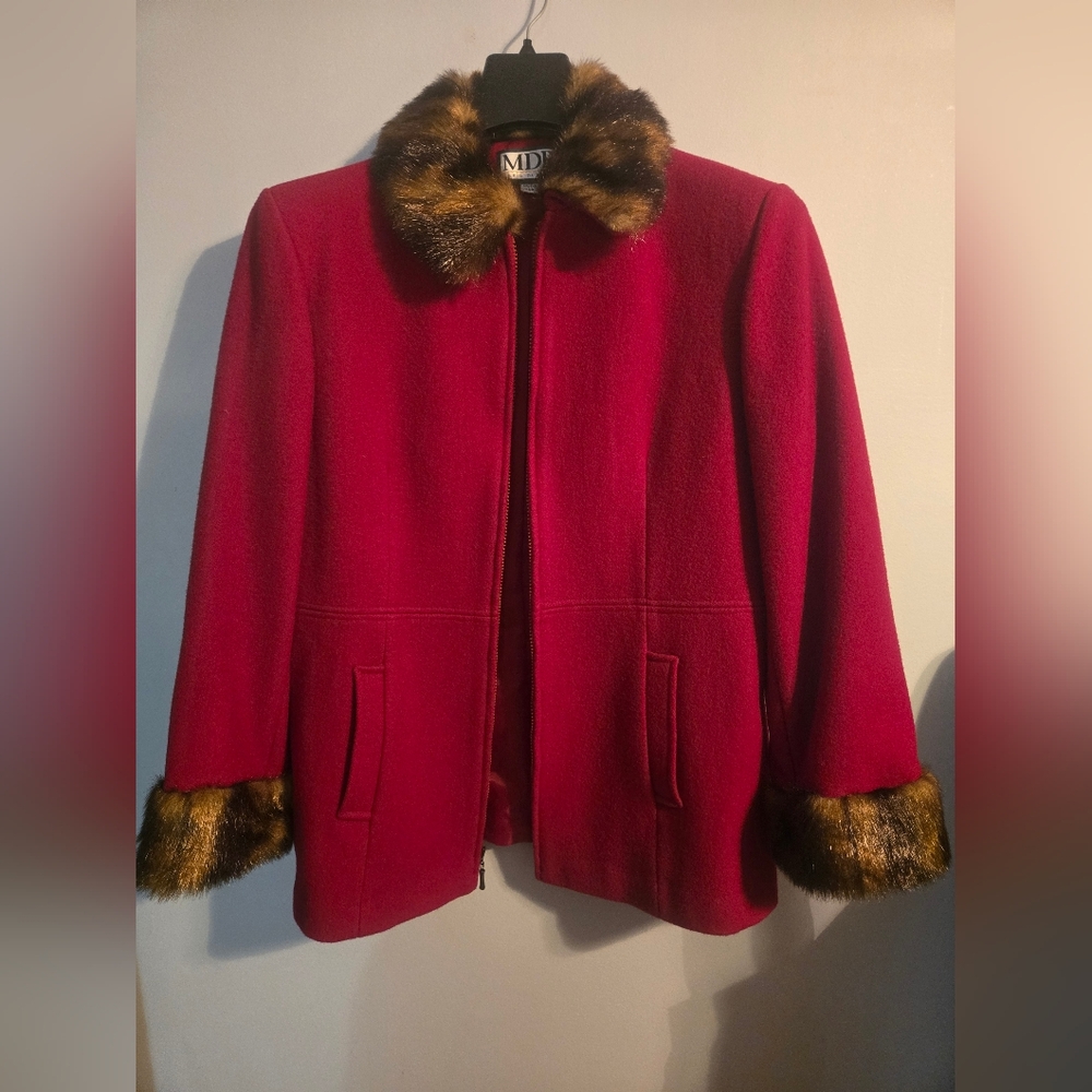 Vintage Red Wool Jacket with Faux Fur Trim